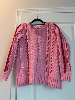 crown & ivy Pink Cable Knit Crewneck Sweater with Red Ribbon Detail